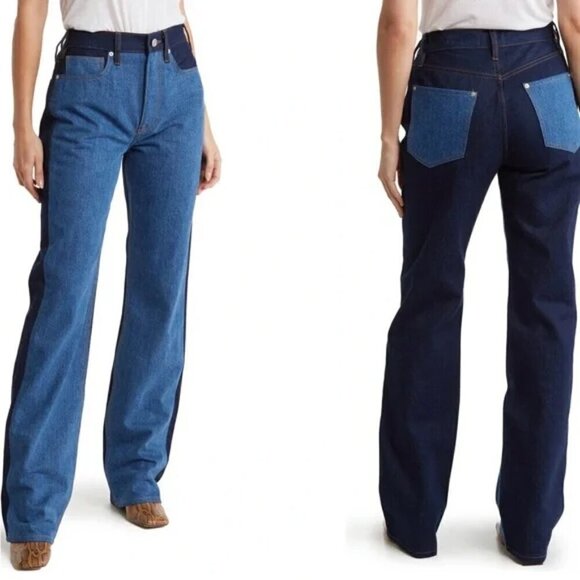 NEW Frame | Le Jane Patchwork Straight Leg Jeans In Indigo Assemble Size 25 - Picture 1 of 6